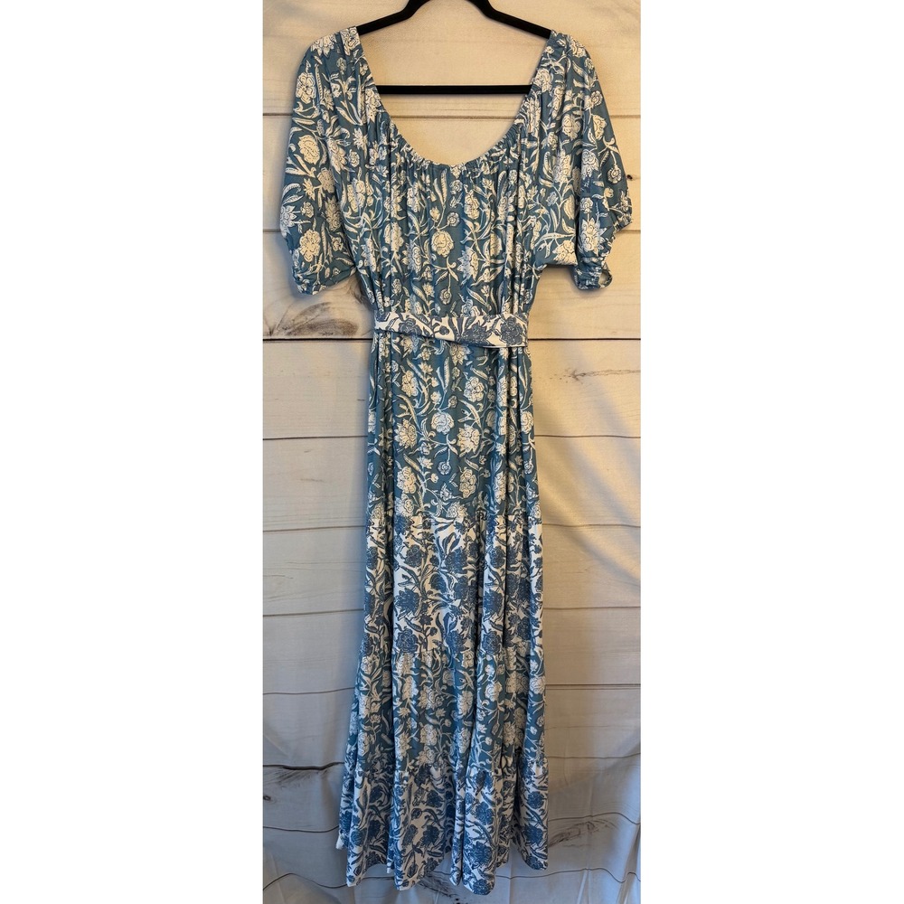 Smith & Quinn Blue White Floral Tiered Midi Dress XL Short Sleeve Belted Stretch - Picture 5 of 5